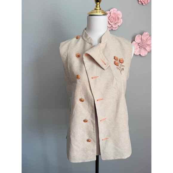 Womens Beige Mandarin Collar Sleeveless Vest Floral Embroidery Button Front - Picture 2 of 6